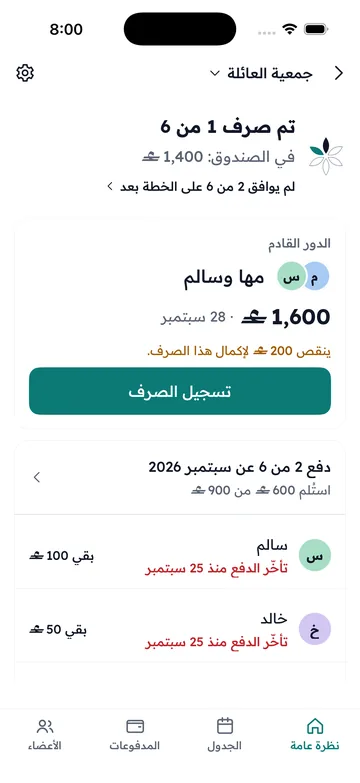 نظرة عامة (للمنظّم فقط): كم صُرف، وكم في الصندوق، ومن تأخر.