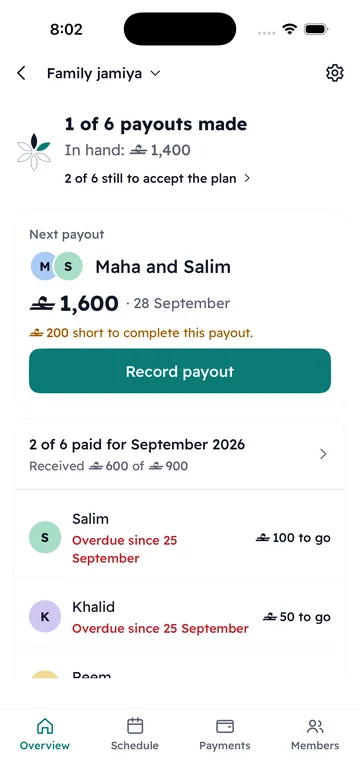 Overview (organizer only): payouts made, money in hand, who is late.